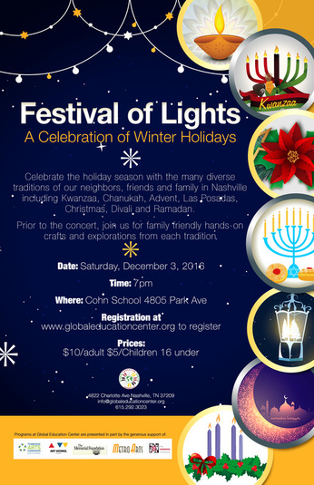 Event flyer for Festival of Lights event in December 2016. Has seasonal light displays from numerous cultural traditions.