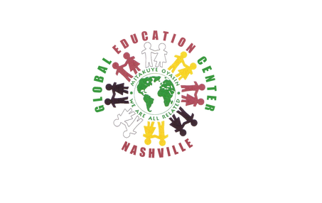 A picture of Global Education Center's logo with shapes of people holding hands around the World with the words, Mitakuye Oyasin and We are all related underneath.